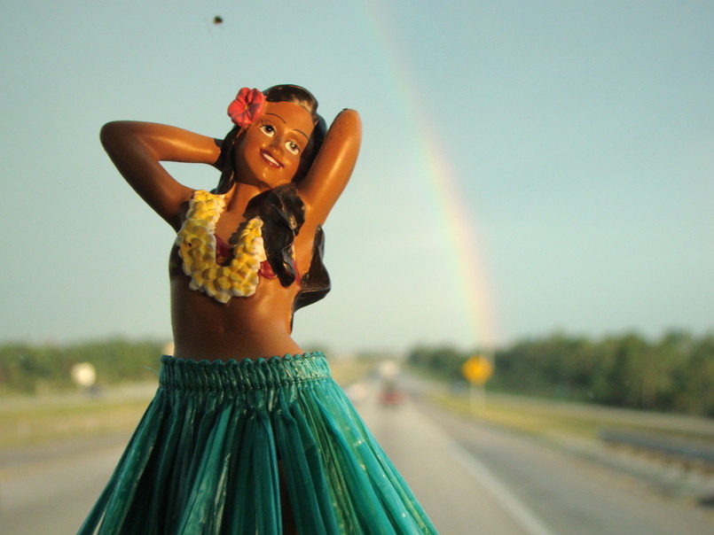 interior vintage VW Bus, Hula girl, rainbow,